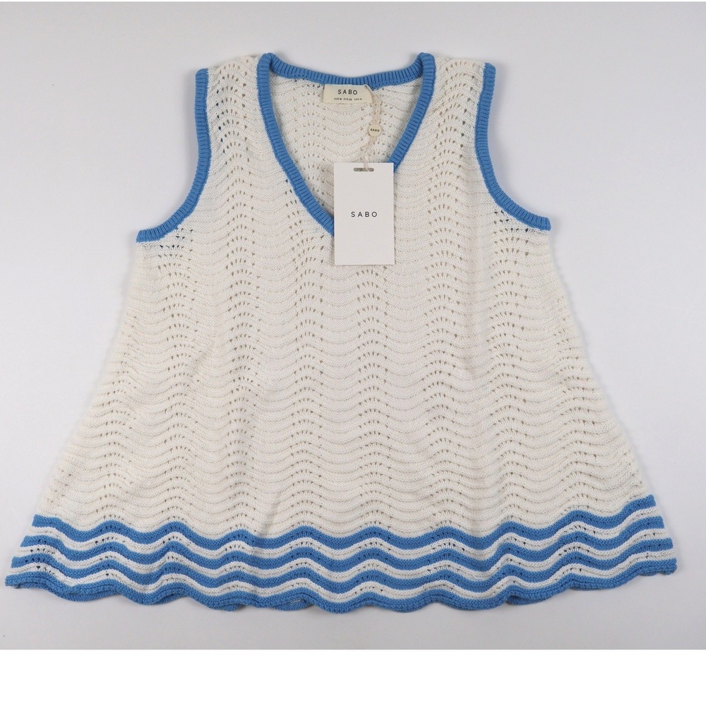 Sabo Skirt Khalani Top White Blue Wave Pointelle Knit Vest Size M NWT